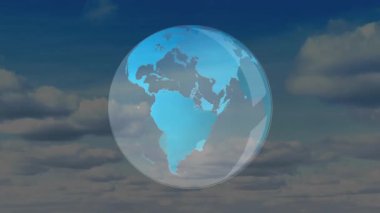 Başlangıçta Atlantik 'e bakan 3 boyutlu dünya Avrupa' ya doğru dönüyor ve dünya dönüşünü temsil ediyor. Coğrafya, teknoloji, dijital, fütüristik, küresel, yörüngesel, yenilik