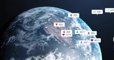 Başlangıçta, küresel sosyal ölçümleri görselleştirmek için bildirim simgeleri ortaya çıkarken Dünya dönüyor. Dünya, uzay, veri, analitik, bilgi, dijital, küresel