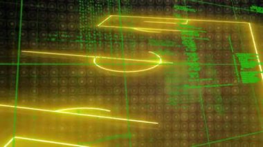 Neon ızgarası holografik futbol sahasını canlandırıyor sonra veriyi görselleştirirken üç boyutlu olarak dönüyor. Fütürist, dijital, sürükleyici, teknoloji, sanal, dinamik, soyut