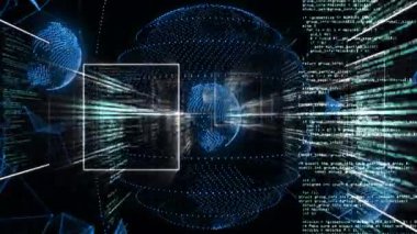 Ortaya çıkan paneller, titreşen veri küresi, değişen kodlar ve görselleştirilmiş verilerin yörüngesindeki şekiller. Teknoloji, dijital, fütüristik, ağ, yenilik, siber alan, soyut