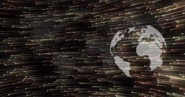 Sahnede, küresel veri bağlantılarını görselleştiren ışık çizgileri oluştururken dijital küreyi döndürmeye başlayın. Gelecek, teknoloji, soyut, bağlantı, küresel, veri, hareket