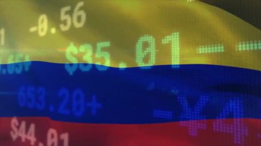 Kolombiya bayrağı sallamak piyasa verilerini temsil eden çizgilerin üzerinde kayan ve solan değerler başlatmak. Vatanseverlik, finans, dijital, hareket, sembolizm, ekonomi, teknoloji