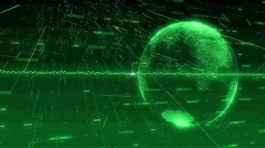 Dalga biçimi gerilmesi, veri akışını göstermek için sağa doğru hareket eden, titreşen ve dönen parçacık küresini tetikler. Dijital, geleceksel, soyut, teknoloji, yenilik, ağ, görselleştirme