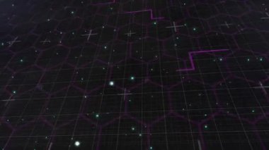 Altıgen şebeke yükleme düzleminde çizim yolları ve sürüklenen cyan parçacıkları veri akışını görselleştiriyor. Teknoloji, fütürist, dijital, arayüz, animasyon, siber, soyut