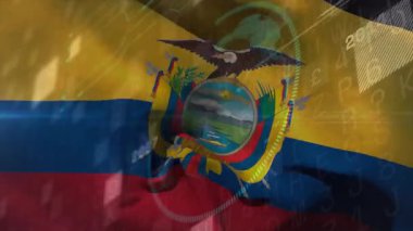 Ekvador bayrağının açılışı dalgalanma, veri akışı ve zaman çizelgeleri zaman çizgisini göstermek için zayıflıyor. Vatansever, dijital, soyut, gelecekçi, yenilik, ilerleme, görselleştirme