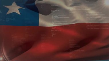 İnce ışık beliriyor ve Şili bayrağını başlatıyor. Kaydırma kodu verileri göstererek dalgalanıyor. Ulusal sembol, dijital sanat, hareket grafikleri, vatansever, sembolik, animasyon, teknoloji