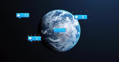 Boş sohbet baloncuğu Dünya 'yı döndürmeye başlıyor. Bildirimler kümeleniyor ve güncellemeleri sayılıyor. Küresel, sosyal medya, dijital, iletişim, teknoloji, fütürist, evren