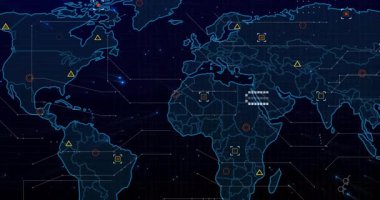 Neon-Blue haritası, veri hatları oluşturan, simgeleri titreştiren ve ağı tarayan ana hatları çiziyor. Teknoloji, siber güvenlik, veri analizleri, dijital arayüz, ağ bağlantısı, fütüristik, yenilik