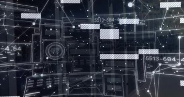 Yansıtma şebekesini, yüzen parçacıkları, değişen veri çubuklarını, görselleştirme veri akışını üst üste koy. Dijital, teknoloji, fütüristik, veri, soyut, yenilik, ağ