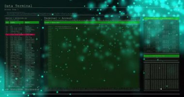 Teal cyan parçacıkları çoklu-panel arayüzü ardında sürükleniyor. Erişim adımı için kod kaydırma ile kayboluyor. Gelecekçi, siber punk, teknoloji, kodlama, dijital arayüz, hackleme