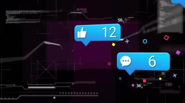 Şebeke arkaplanı mor panelle açılıyor sonra kabarcıklar kayboluyor kayan görselleştirme metrikleri ortaya çıkıyor. Fütürist, dijital, arayüz, analiz, sosyal, teknoloji, canlı