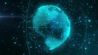 Işıldayan bulut küresi ortaya çıkıyor. Sonra da halka ve parçacıklarla sağa doğru dönüyor. Teknoloji, dijital, fütüristik, soyut, bilim, yenilik, görselleştirme