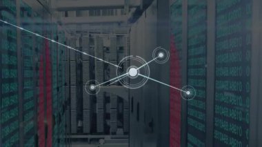 Ağ akışını gösteren sunucu koridorunda Hub görünüp genişliyor. Teknoloji, bağlantı, siber güvenlik, dijital, yenilik, veri görselleştirme, soyut
