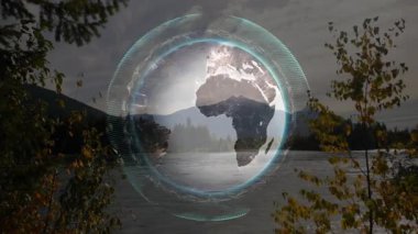 Başlangıçta hologram küresi göl üzerinde beliriyordu, nabız çizgileri dönerek kıtaları haritalandırmak için ortaya çıkarıyordu. Fütürist, yenilikçi, soyut, teknoloji, manzara, görselleştirme, sürükleyici