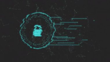 Turkuaz parçacıklar halka kilidine yaklaşıyorlar ve koruma için tekrar birleşiyorlar. Siber güvenlik, veri koruması, dijital arayüz, engelleme zinciri, şifreleme, ağ güvenliği, gelecekçi