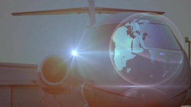 Turbofan motoru mercek patlaması alıyor holografik dünya soluyor ve motor hava akışını gösteriyor. Havacılık, uzay, veri görselleştirme, teknoloji, yenilik, fütürist, ulaşım