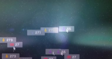 Merkezi işaret fişeği, izleyiciye dönen tezgahlarda sürüklenen bildirim simgeleri gönderiyor. Dijital, geleceksel, soyut, hareket, dinamik, kozmik, teknolojik