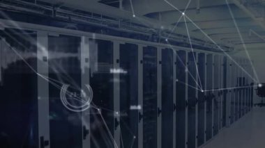 Sunucu rafları üzerinden başlatılan beyaz çizgiler, veri akışını gösteren ağ düğümlerini ve veri çubuklarını bağlıyor. Teknoloji, ağ, dijital, yenilik, fütüristik, bağlantı, veri
