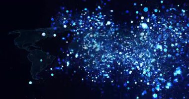 Sonraki duraklama, mavi veri noktaları harita hatları üzerinde oluşuyor, yayılıyor, titreşimler veri genişlemesini gösteriyor. Fütüristik, teknoloji, dijital, görselleştirme, soyut, dinamik, ağ