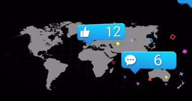 Dünya haritasının soluklaşması, ortaya çıkan ve güncellenen bildirim simgelerini tetikler, sayıları görselleştirir. Dijital, etkileşimli, modern, küresel, bağlantı, sosyal, gelecekçi