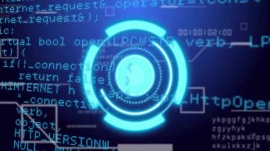 Parlak dairesel HUD göründüğünde dönen ark hızla kod kaydırma sinyalleri yükleniyor. Fütürist, arayüz, teknoloji, dijital, neon, ui, veri