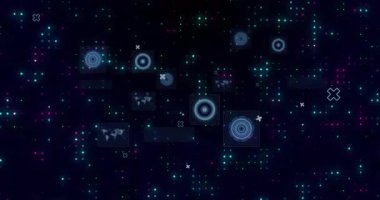 Kara donanma ızgarası açılıyor, piksel noktalar sürükleniyor, veri akışını gösteren daireler içinde titreşiyor. Fütürist, dijital, teknoloji, arayüz, analitik, görselleştirme, soyut