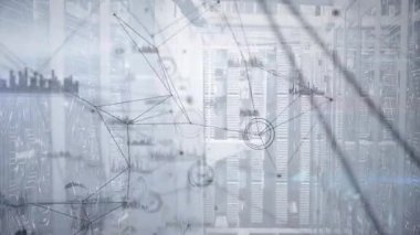 Bağlanan düğüm kümesi parlayan düğümleri, veri gösteren çubuk çizelgeleri, ağ diyagramını temizle. Teknoloji, bağlantı, dijital, analitik, altyapı, yenilik, görselleştirme