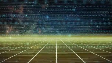 Parçacıklar sürüklenirken ve veri hatları kayarken titreşim ufkunun merkezindeki ızgara düzlemi açılıyor. Fütürist, teknoloji, soyut, dijital, yenilikçi, sürükleyici, gösterişli