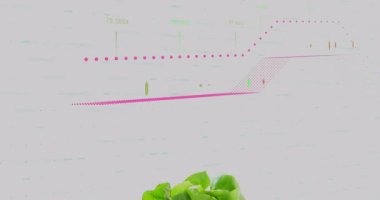 Şebeke çizgileri ortaya çıkıyor, noktalı çizgiler kıvrımlara, marullar mor renge kayıyor ve verileri gösteriyor. Sebze, veri, analiz, görselleştirme, sağlık, tazelik, modern