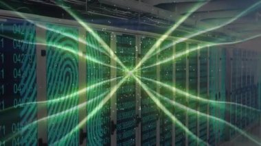 Şifreler güncellenirken ve giriş simülasyonu yapılırken, parmak izi aktifleştirici kirişler ateşleniyor. Siber güvenlik, veri, teknoloji, dijital, ağ, fütüristik, yenilik