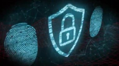 Üç boyutlu dijital uzay, parmak izi oluşturma ve kalkan dönüşümünü başlatarak güvenli kimliği sembolize ediyor. Siber güvenlik, dijital kimlik, engelleme zinciri, şifreleme, veri koruması, ağ güvenliği, gelecekçi