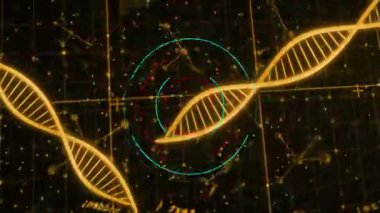 Dönen altın DNA sarmalının analiz için renkli işaretleyiciler tarafından hedef alındığını gösteren arayüz başlatılıyor. Fütüristik, biyoenformatik, veri görselleştirme, moleküler, bilimsel, dijital sanat, yüksek teknoloji