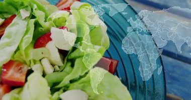 Salata kâsesinin üzerinde kaybolan saydam dünya haritası küresel üretimi gösteriyor. Taze ürün, küreselleşme, organik, doğal, çevre dostu, sağlıklı yaşam, minimalizm