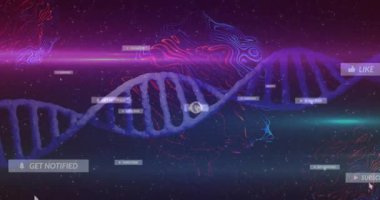 Kozmos neon ışıklı DNA sarmalını fırlatırken UI yüzen sinyal uyarılarına yol açıyor. Fütürist, dijital, neon, arayüz, teknoloji, soyut, bilim