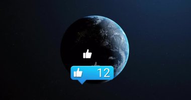 Kabarcık halinde görünen 3 boyutlu Dünya yüzen başparmaklar ve yükselen büyümeyi gösteren sayılar ile dönüyor. Küresel, katılım, dijital, iletişim, teknoloji, görselleştirme, yenilik