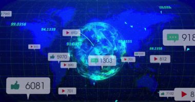 Harita yüklendikten sonra, merkezi dünya verileri birbirine bağlayan ve çarpışmayı görselleştiren sohbet baloncuklarıyla dönüyor. Veri görselleştirme, dijital küre, sosyal analitik, coğrafi ağ, bağlantı, bilgi teknolojisi, geleceksel tasarım