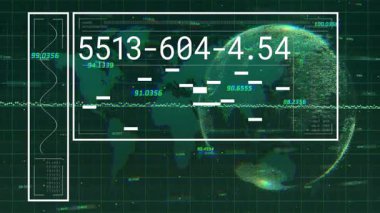 Güncellenen sayısal kodları arızalı, dönen dünyayı, tarayan dalga formlarını gösteren veri paneli açılıyor. Teknoloji, analitik, dijital, arayüz, fütürist, veri, görselleştirme