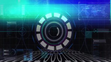 Animasyon başlatılıyor kod geri çekiliyor arayüz birleştirme göstergeleri tarama ışını tarıyor. Gelecekçi, teknoloji, veri, dijital, arayüz, görselleştirme, holografik