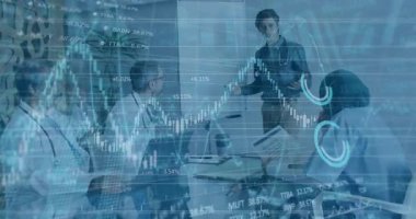 Çizelgede kadın doktor izleme çizelgesi eğrisi ve animasyon kılavuz tartışması başlatılıyor. Tıbbi, işbirliği, sunum, teknoloji, sağlık, profesyonellik, takım çalışması