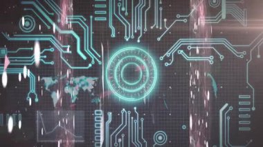 Merkezden yüklendikten sonra dönen pembe akıntılar titreşiyor, devre çizgileri dallanıyor, dünya haritaları oluşuyor. Fütürist, dijital, teknoloji, arayüz, veri, görselleştirme, canlandırma