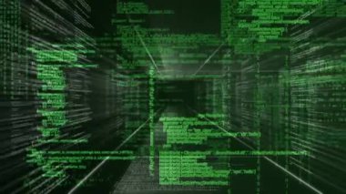 Kamera, veri tüneli yolculuğunu gösteren yeşil akımları gererek 3 boyutlu koridorda ilerliyor. Siber uzay, veri görselleştirme, fütüristik, sürükleyici, dijital ortam, hareket grafikleri, teknoloji