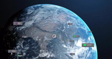 Küresel veri akışını görselleştirmek için durağan dünya görünüm ölçüm simgelerinin ortaya çıkışından, yüzüşünden ve soluşundan sonra. Gezegen, bağlantı, teknoloji, dijital, ağ, yenilik, analitik