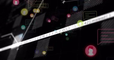 Simgeler ve kabarcıklar içe doğru zayıflıyor, çoklu hat genişliyor, kod kaydırma, çubuk darbesi, eğilimi gösteriyor. Veri, görselleştirme, analitik, arayüz, gösterge paneli, ağ, teknoloji