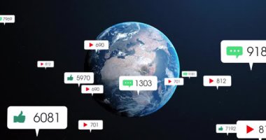 Yorum baloncuğu 3 boyutlu dönen Dünya 'da beliriyor. Yakıt depolama sohbetleri, yörüngede dönen ikonlar gibi. Küresel, teknoloji, etkileşim, dijital, geleceksel, bağlantı, multimedya