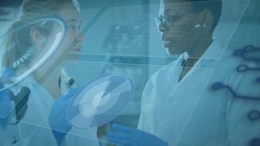 Laboratuvar bilim adamları test tüpü seçiyor ve holografik veri dönüşümlü gofret diskini analiz ediyor. Araştırma, yenilik, teknoloji, işbirliği, bilimsel, fütürist, keşif