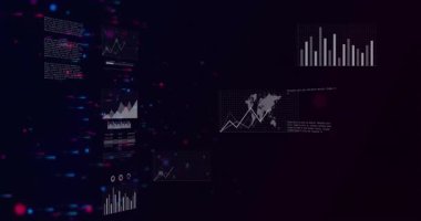 Karanlık dijital arayüz açıldığında, veri aygıtları küresel eğilimleri görselleştirmek için genişliyor ve sürükleniyor. Veri görselleştirme, dijital analiz, bilgi teknolojisi, fütüristik tasarım, veri güdümlü, soyut arayüz, sanal ortam