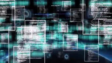 Gelişmekte olan kod pencereleri verileri canlandırıyor, görselleştiriyor, kaydırıyor ve Dünya üzerinde üst üste bindiriyor. Gelecekçi, teknoloji, siber, boşluk, dijital, veri, animasyon