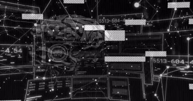 Kablo çerçeveli beyin ortaya çıkan merkez ızgarası titreşen çubuklar kayıyor ve görüntüleme verilerini güncelleyen kodlar. Teknoloji, yenilik, dijital, görselleştirme, fütürizm, siber alan, analitik