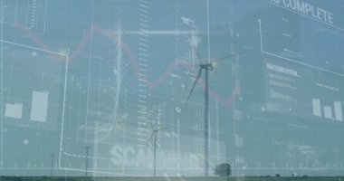 UI panelleri veri grafiklerini gösterirken, düz bir şekilde dönen üç neşterli rüzgar türbini gösteriliyor. Yenilenebilir, sürdürülebilirlik, teknoloji, veri görselleştirme, enerji, yeşil, yenilik