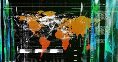 Kırmızı panelde turuncu dijital dünya haritası gösteriliyor, beyaz çizgiler ve sayısal etiketler gösteriliyor. Teknoloji, veri görselleştirme, arayüz, ağ, analitik, dijital ortam, bağlantı